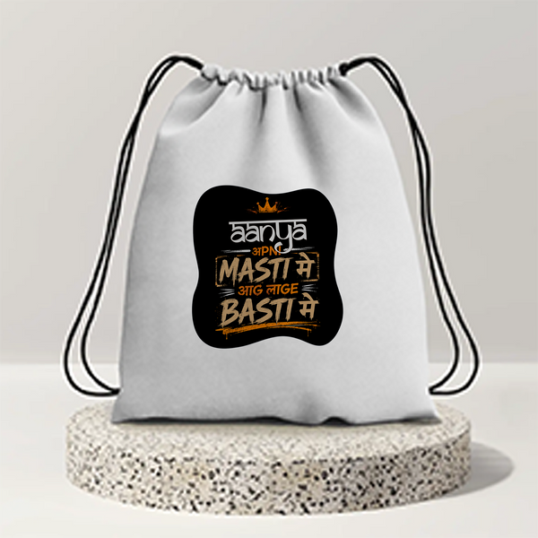 Drawstring Bag | 280 GSM | Durable Cotton | Secure Closure | Unisex | Personalized | Typography | Self-reliance | Individualism | Everyday | Confident | Aag Lage Basti Mein