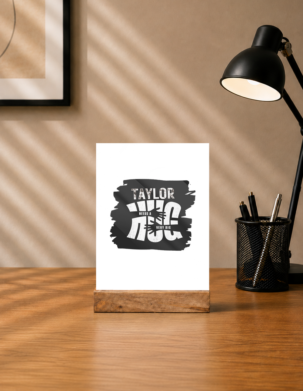 Acrylic Photo Frame with Stand | 5x7 Inch | Acrylic & Wood | UV Printed Tabletop Display | Universal | Personalized | Typography | Comfort | Hugs | Everyday | Comforting | Needs A Big Hug - front - mockup 1