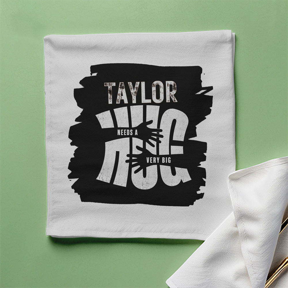 Cloth Napkin | Standard Dining Size | 100% Polyester | Soft, Durable, Hemmed | Unisex | Personalized | Typography | Comfort | Hugs | Everyday | Comforting | Needs A Big Hug - front - White - mockup 1
