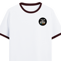 Ringer T-Shirt | Unisex Fit | 100% Cotton | Bio-Washed, Pre-Shrunk, Rib Neck | Adults | Personalized | Typography | Self-identity | Non-conformity | Everyday | Confident | Never Fit In - left pocket - Maroon off white - mockup 3