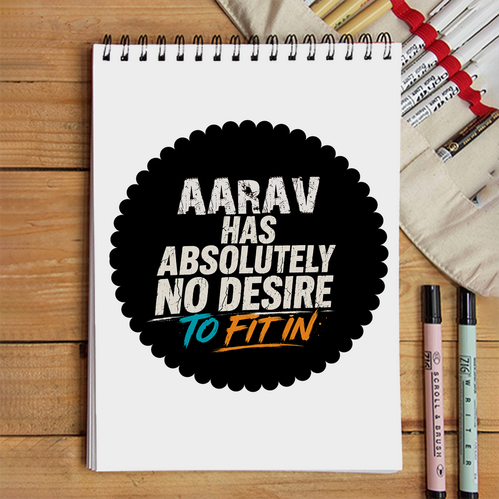 Sketchbook | A5 Size | 140 GSM Paper | Spiral Bound | Unisex | Personalized | Typography | Self-identity | Non-conformity | Everyday | Confident | Never Fit In - front - White - mockup 1