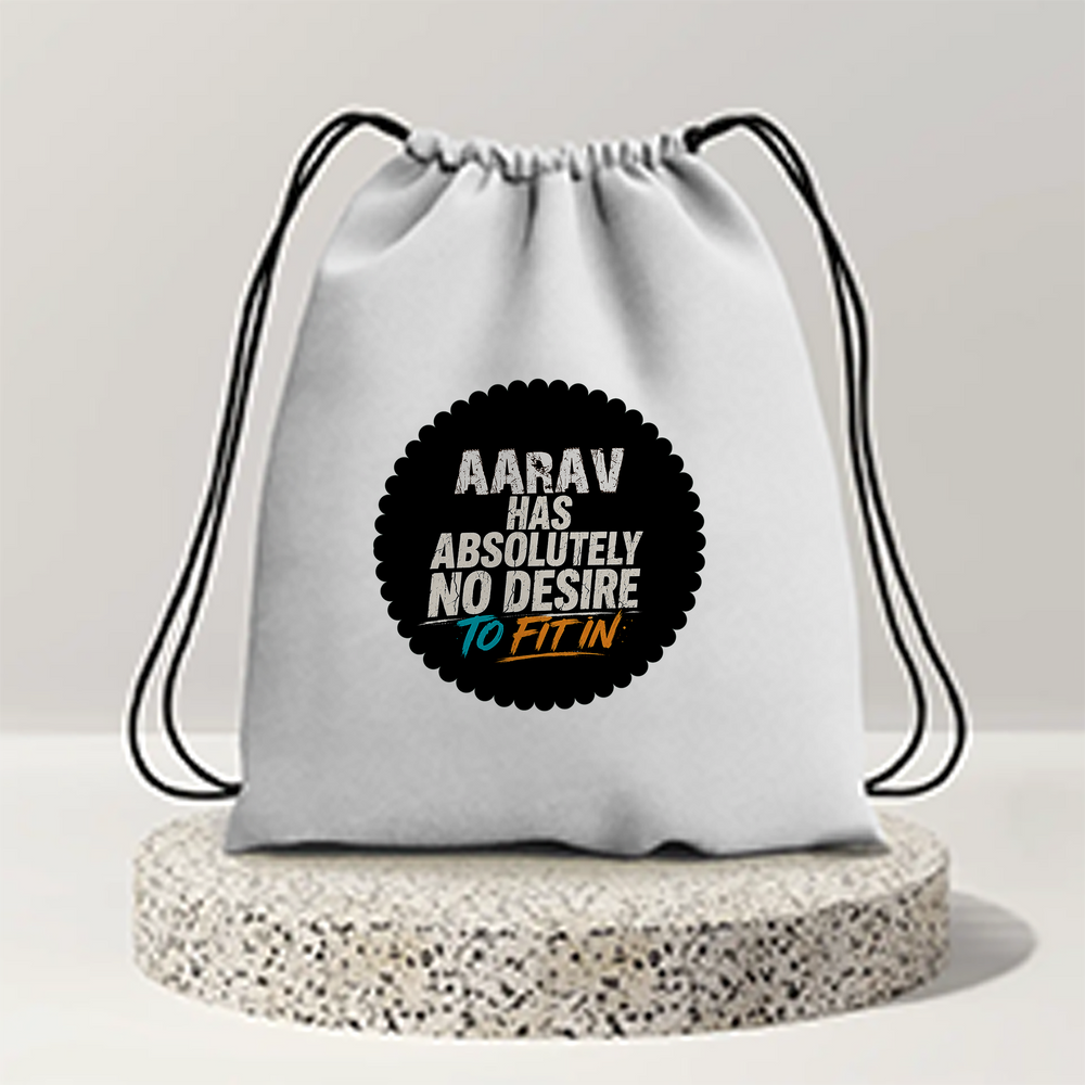 Drawstring Bag | 280 GSM | Durable Cotton | Secure Closure | Unisex | Personalized | Typography | Self-identity | Non-conformity | Everyday | Confident | Never Fit In - front - mockup 1