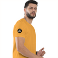Male Classic Crew T-Shirt | Men's Regular Fit | 180 GSM Bio-Washed Cotton | Pre-Shrunk, Double-Stitched | Personalized | Typography | Self-identity | Non-conformity | Everyday | Confident | Never Fit In - right sleeve - Golden Yellow - mockup 6