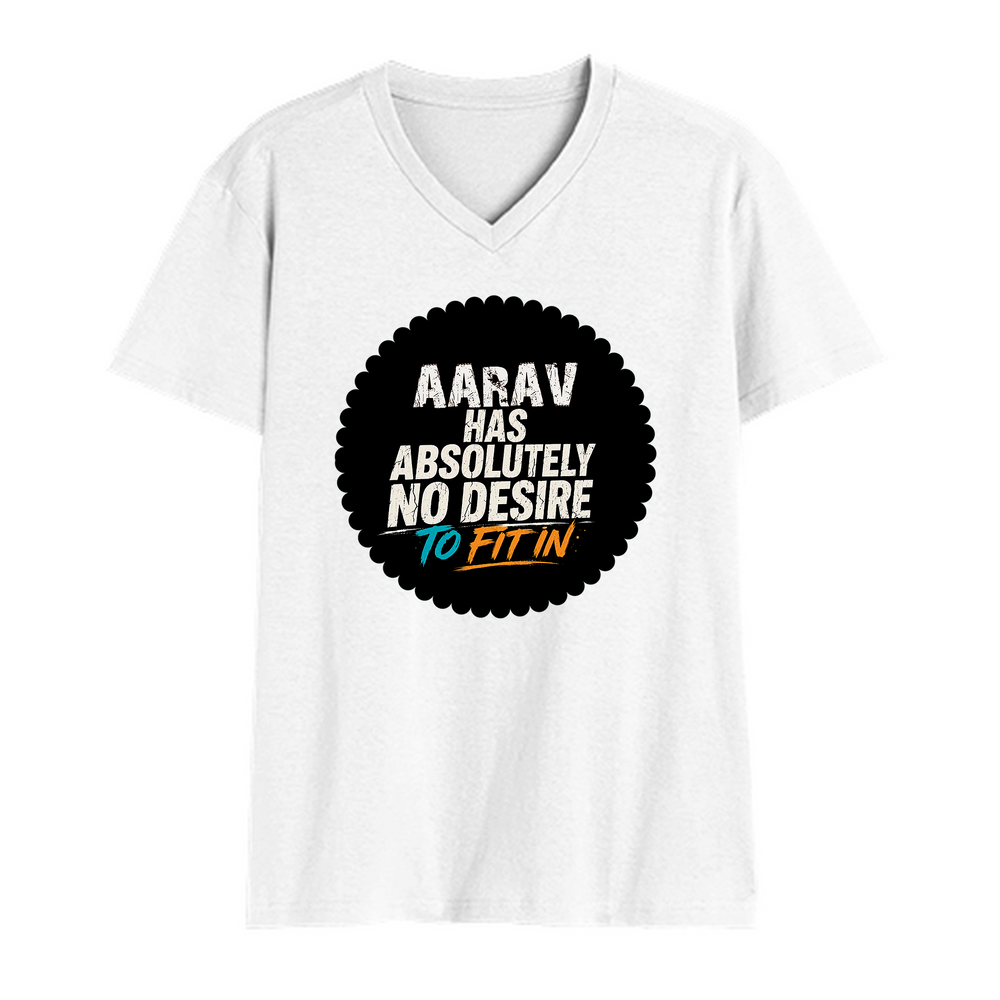 Men's V-Neck T-Shirt | Regular Fit | 180 GSM Bio-Washed Cotton | Durable Double-Stitched Seams | Everyday Wear | Personalized | Typography | Self-identity | Non-conformity | Everyday | Confident | Never Fit In - front - White - mockup 1