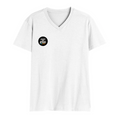 Men's V-Neck T-Shirt | Regular Fit | 180 GSM Bio-Washed Cotton | Durable Double-Stitched Seams | Everyday Wear | Personalized | Typography | Self-identity | Non-conformity | Everyday | Confident | Never Fit In - right pocket - White - mockup 4