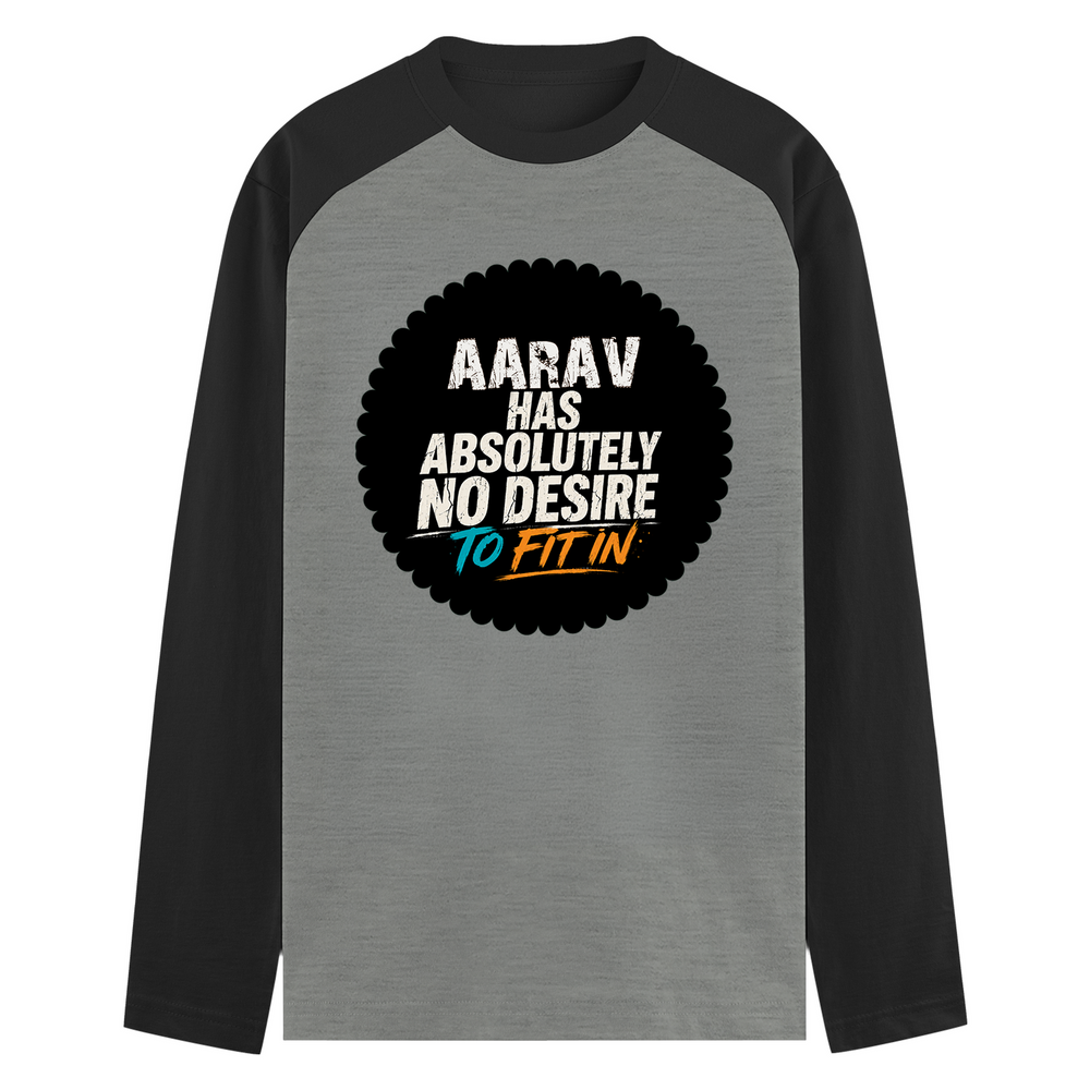 Male Raglan T-Shirt | Men's Regular Fit | 180 GSM Bio-Washed Fabric | Double Stitched, Ribbed Neck | Personalized | Typography | Self-identity | Non-conformity | Everyday | Confident | Never Fit In - front - mockup 1