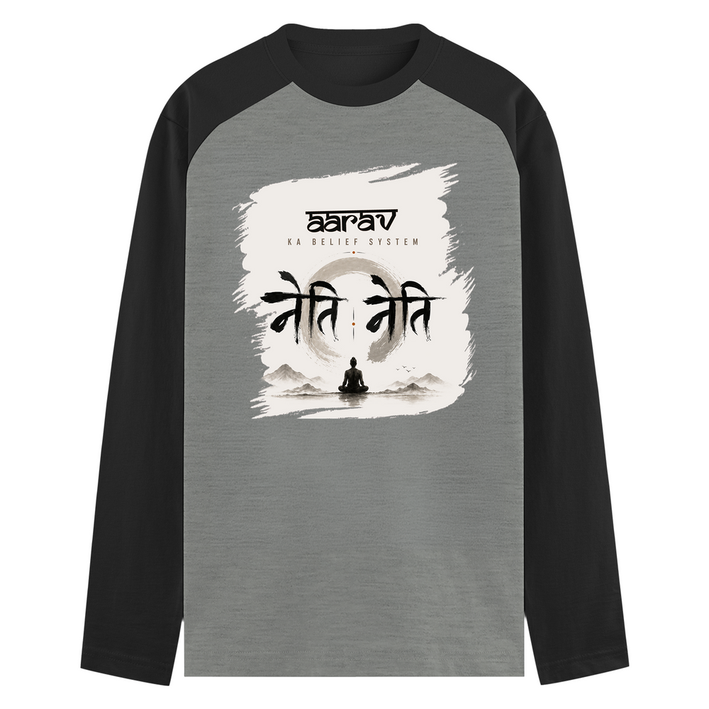 Male Raglan T-Shirt | Men's Regular Fit | 180 GSM Bio-Washed Fabric | Double Stitched, Ribbed Neck | Personalized | Typography | Meditation | Yoga Philosophy | Self-Care | Peaceful | Zen State Of Mind - front - mockup 1