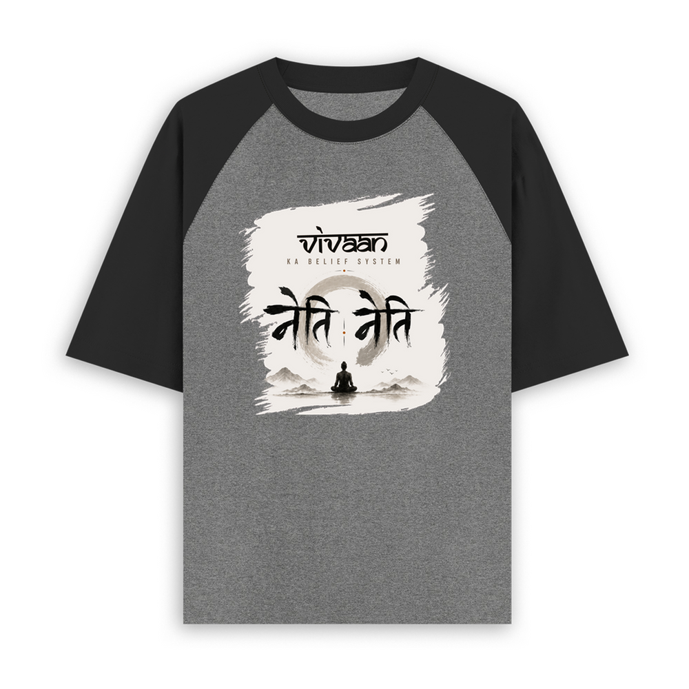 Unisex Oversized Raglan T-Shirt | Relaxed Fit | 180 GSM Bio-Washed Cotton | Two-Tone Design | Soft Comfort | Personalized | Typography | Meditation | Yoga Philosophy | Self-Care | Peaceful | Zen State Of Mind - front - mockup 1