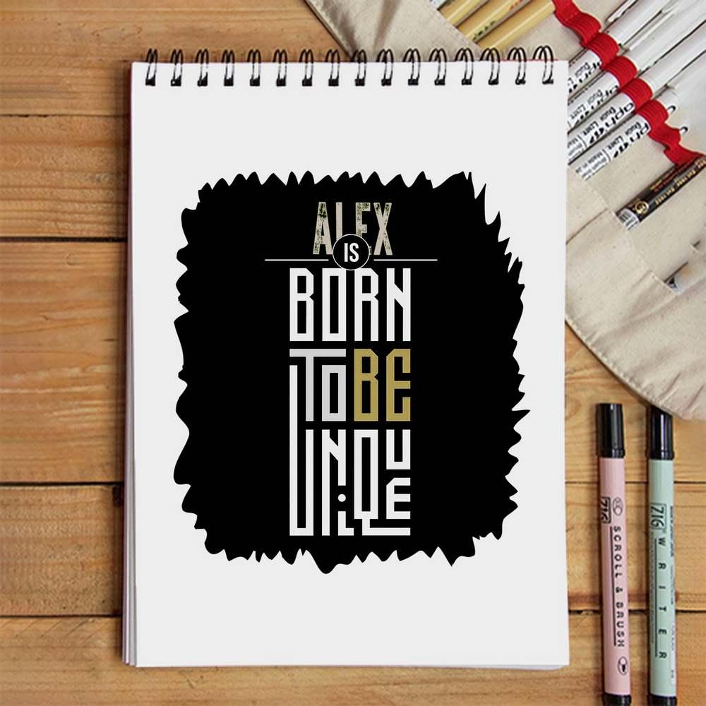 Sketchbook | A5 Size | 140 GSM Paper | Spiral Bound | Unisex | Personalized | Typography | Identity | Individuality | Self | Empowering | Born To Be Unique - front - White - mockup 1
