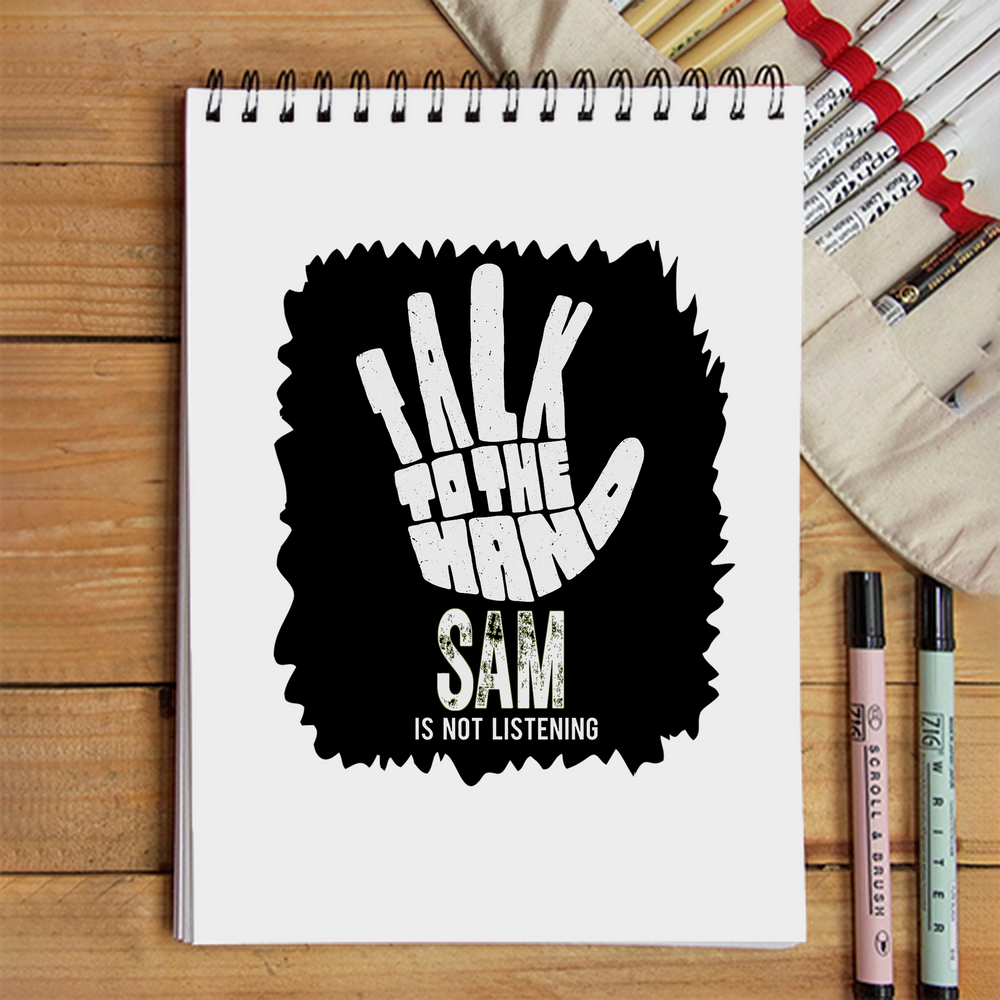 Sketchbook | A5 Size | 140 GSM Paper | Spiral Bound | Unisex | Personalized | Typography | Humor | Pop Culture | Everyday | Sarcastic | Talk To The Hand - front - White - mockup 1