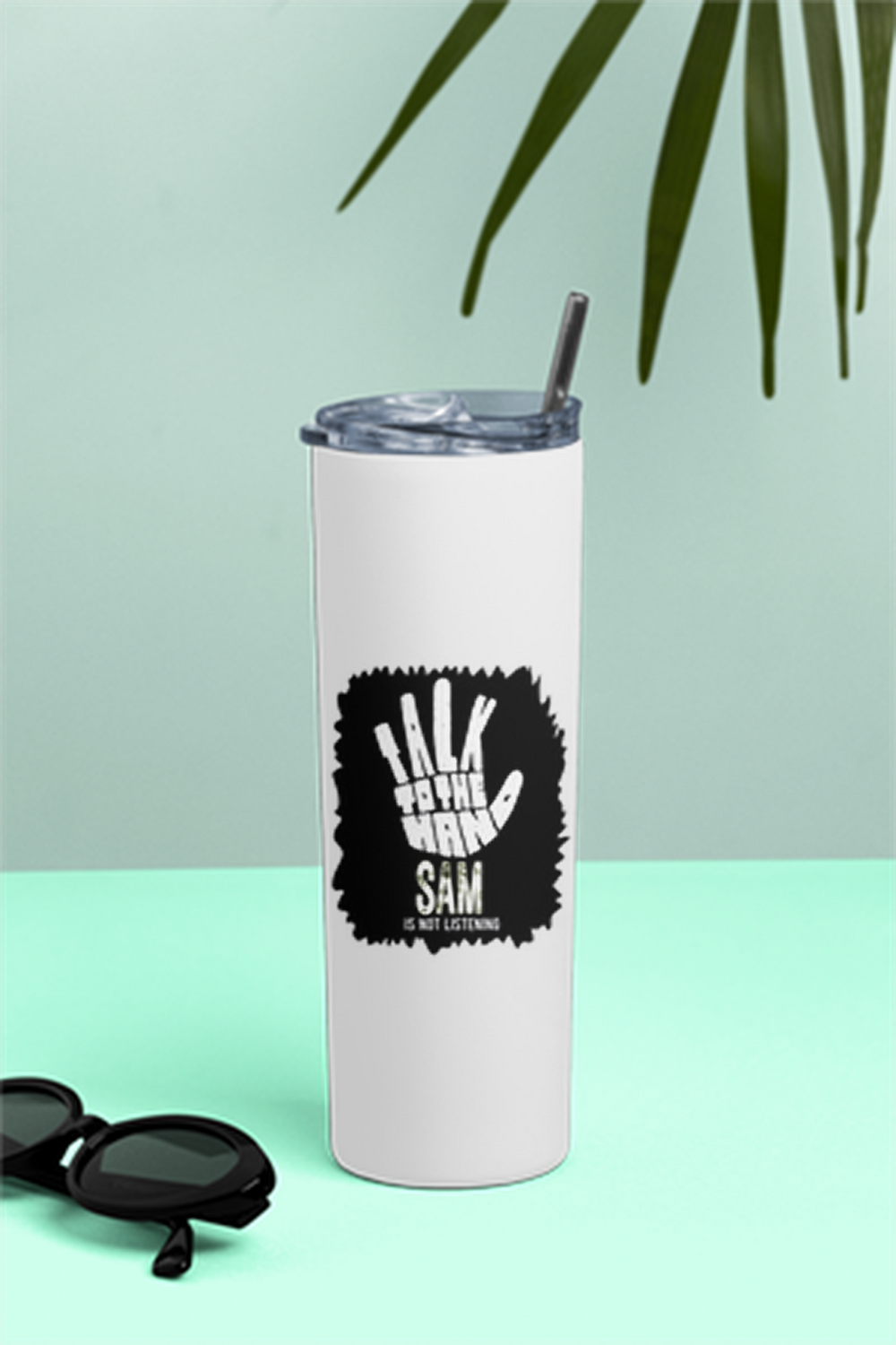 Tumbler Bottle | 20oz Capacity | Stainless Steel | Double-Wall Insulated, Splash-Proof Lid, Metal Straw | Everyday Use | Personalized | Typography | Humor | Pop Culture | Everyday | Sarcastic | Talk To The Hand - front - White - mockup 1