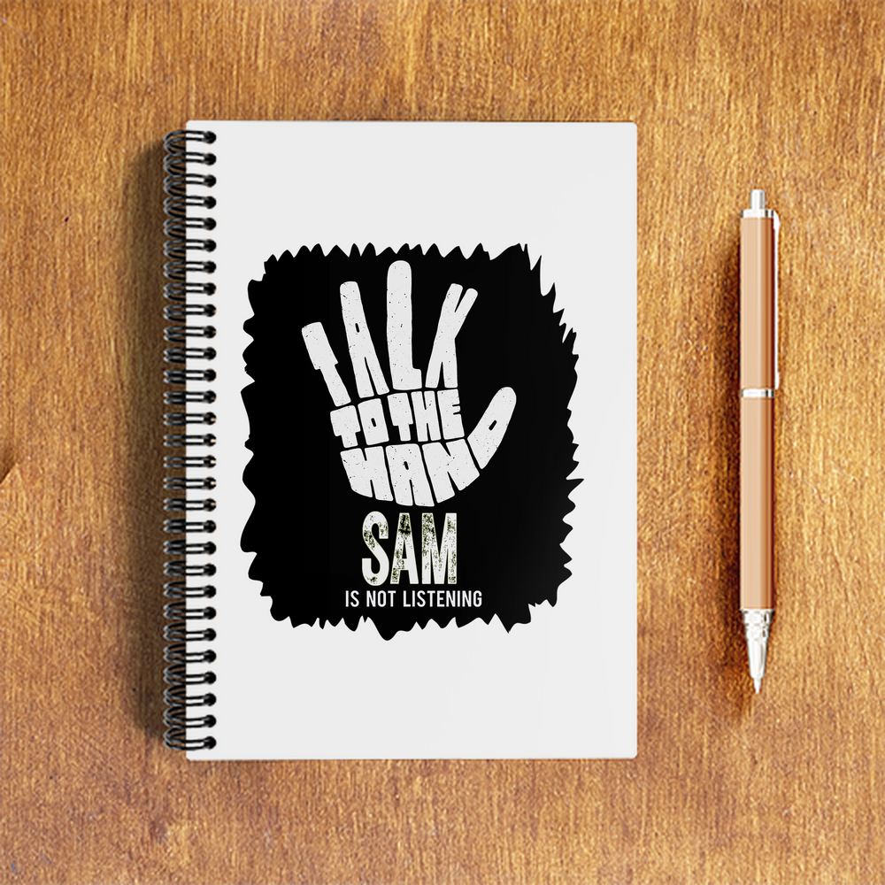 A5 Notepad | 120 Pages, Ruled/Unruled | 70 GSM Natural Shade Paper, 300 GSM Cover | Wire Bound | Everyday Use | Personalized | Typography | Humor | Pop Culture | Everyday | Sarcastic | Talk To The Hand - front - White - mockup 1