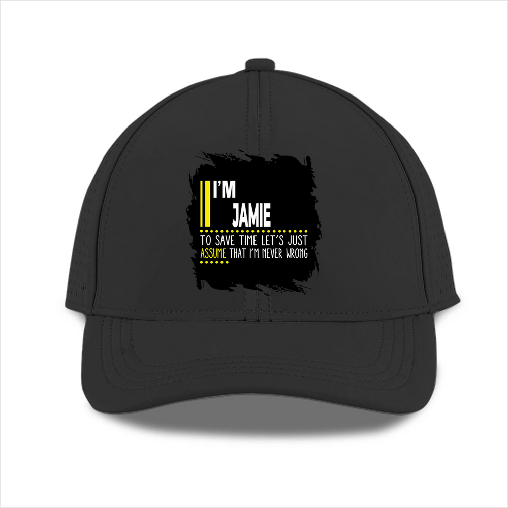 Sports Cap | Adjustable Fit Unisex | Breathable Fabric | Perforated Lightweight | Adult | Personalized | Typography | Sarcasm | Self-confidence | Everyday | Assertive | I’m Never Wrong - front - Black - mockup 1