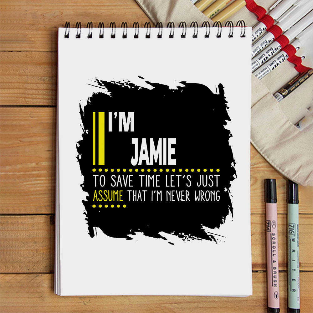 Sketchbook | A5 Size | 140 GSM Paper | Spiral Bound | Unisex | Personalized | Typography | Sarcasm | Self-confidence | Everyday | Assertive | I’m Never Wrong - front - White - mockup 1