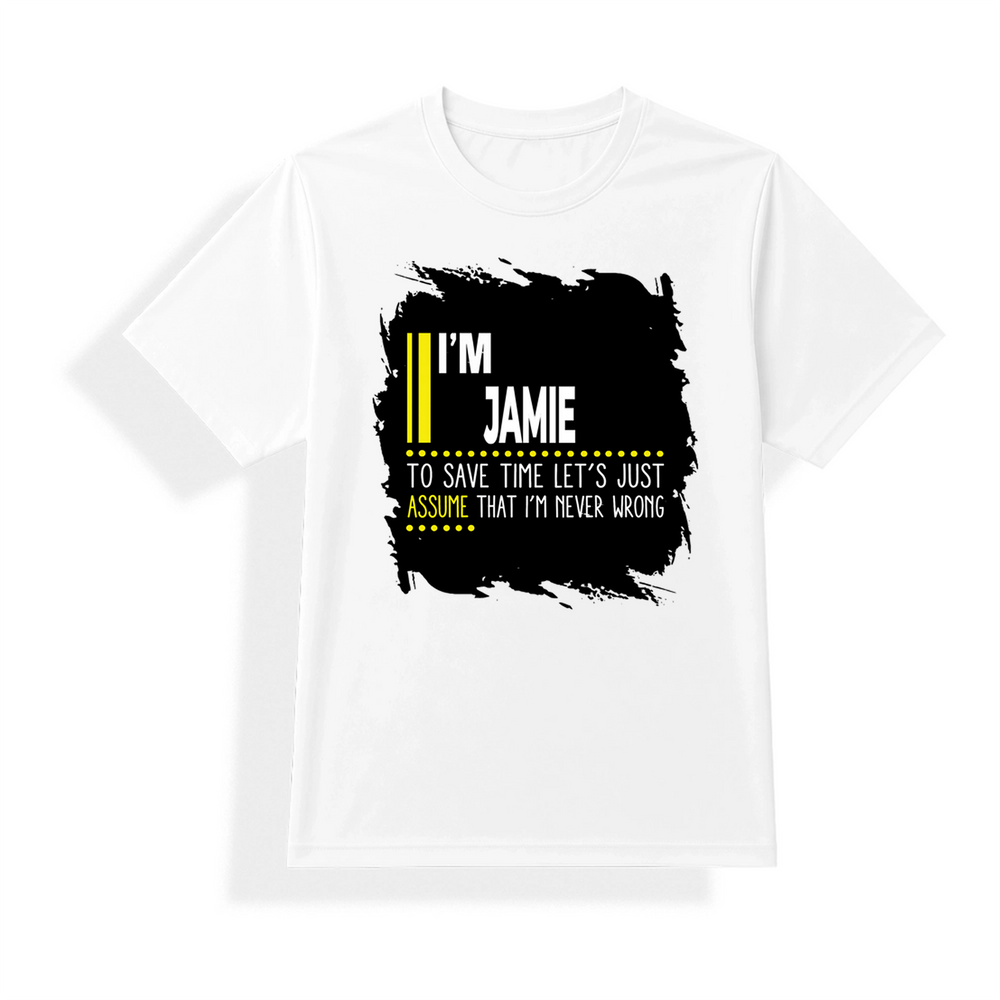 Unisex Dry Fit T-Shirt | Regular Fit | Micro Polyester | Quick-Dry Wrinkle Resistant | Adult | Personalized | Typography | Sarcasm | Self-confidence | Everyday | Assertive | I’m Never Wrong - front - mockup 1