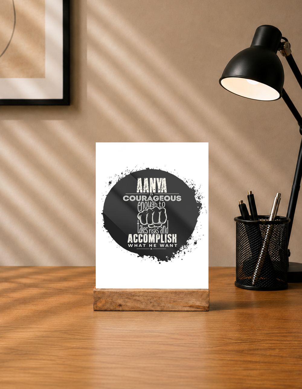 Acrylic Photo Frame with Stand | 5x7 Inch | Acrylic & Wood | UV Printed Tabletop Display | Universal | Personalized | Typography | Courage | Ambition | Self-purchase | Empowering | Courage To Conquer - front - mockup 1