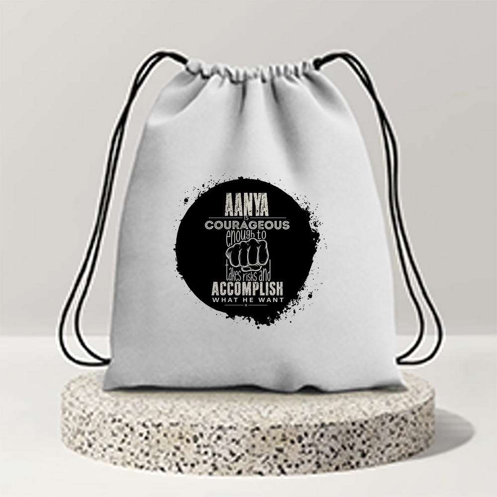 Drawstring Bag | 280 GSM | Durable Cotton | Secure Closure | Unisex | Personalized | Typography | Courage | Ambition | Self-purchase | Empowering | Courage To Conquer - front - mockup 1