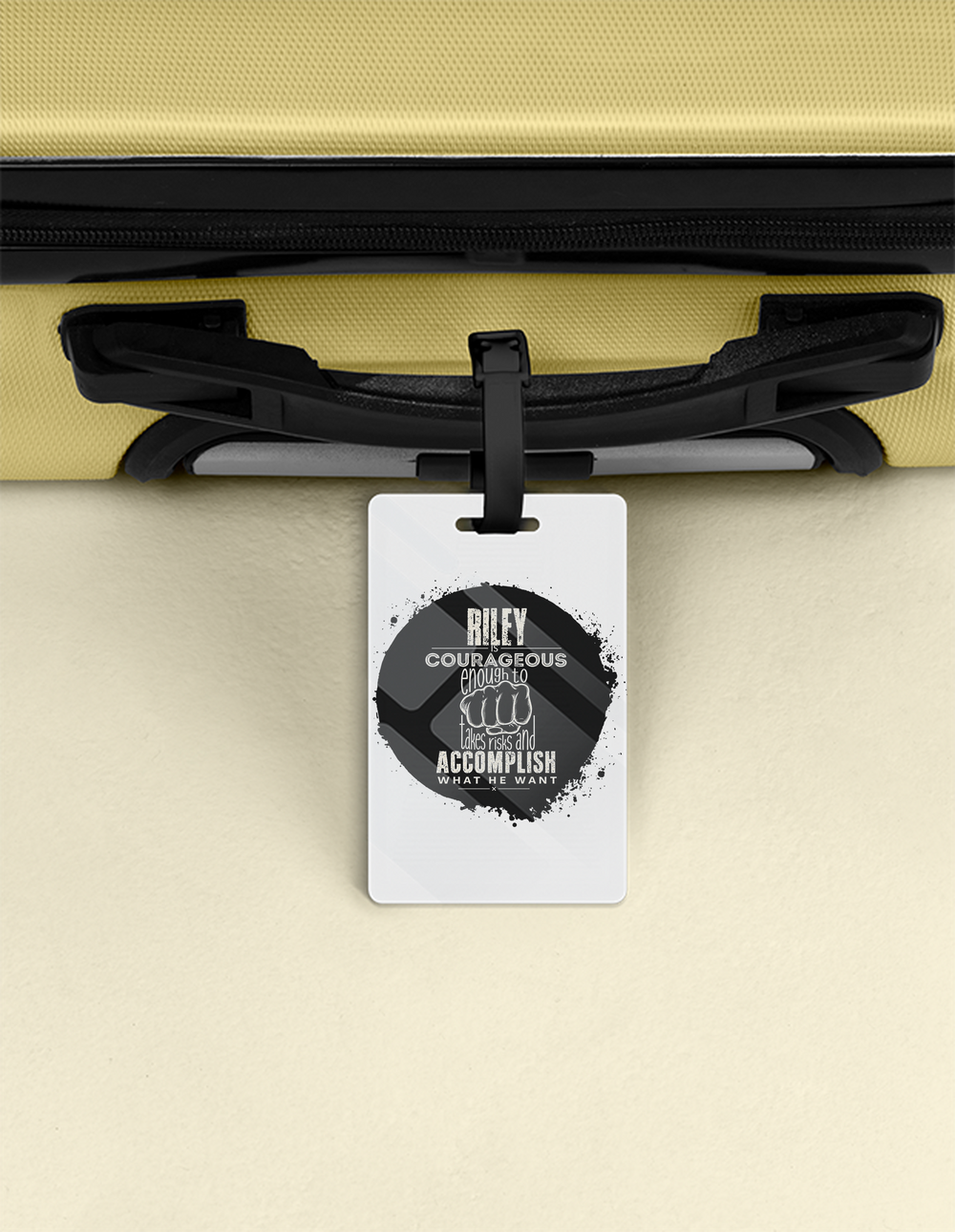 Luggage Tag | Travel Accessory | Acrylic | Durable, Double-Sided, Secure Strap | Unisex | Personalized | Typography | Courage | Ambition | Self-purchase | Empowering | Courage To Conquer - front - White - mockup 1