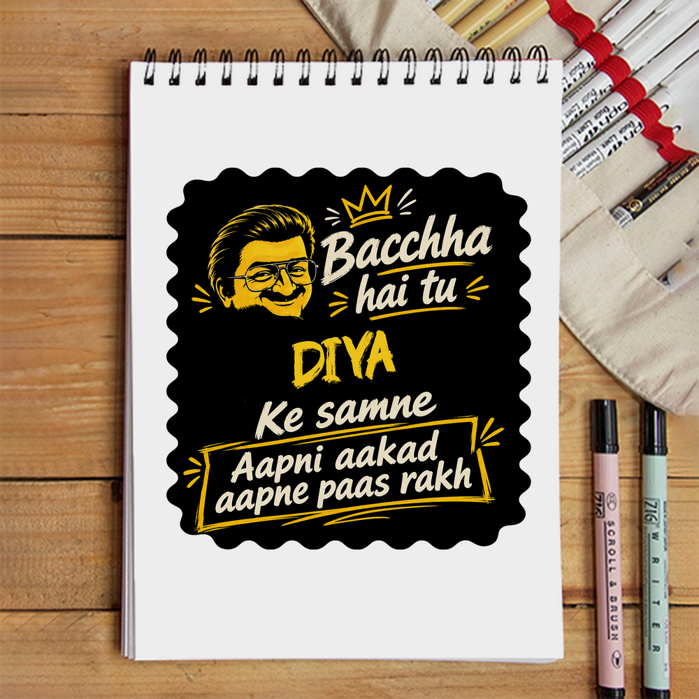 Sketchbook | A5 Size | 140 GSM Paper | Spiral Bound | Unisex | Personalized | Bold Graphic | Pop Culture | Celebrity | Everyday | Assertive | Bacchha Hai Tu - front - White - mockup 1