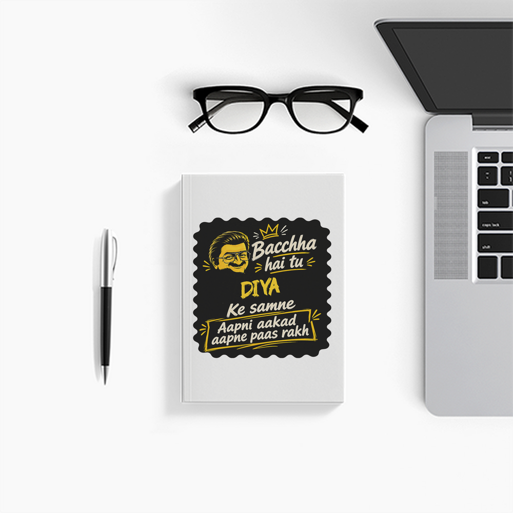 Notebook Journal | A5 Size | 300 GSM Cover, 70 GSM Eco-Friendly Pages | Soft Bound, Ruled/Unruled | Unisex | Personalized | Bold Graphic | Pop Culture | Celebrity | Everyday | Assertive | Bacchha Hai Tu - front - White - mockup 1