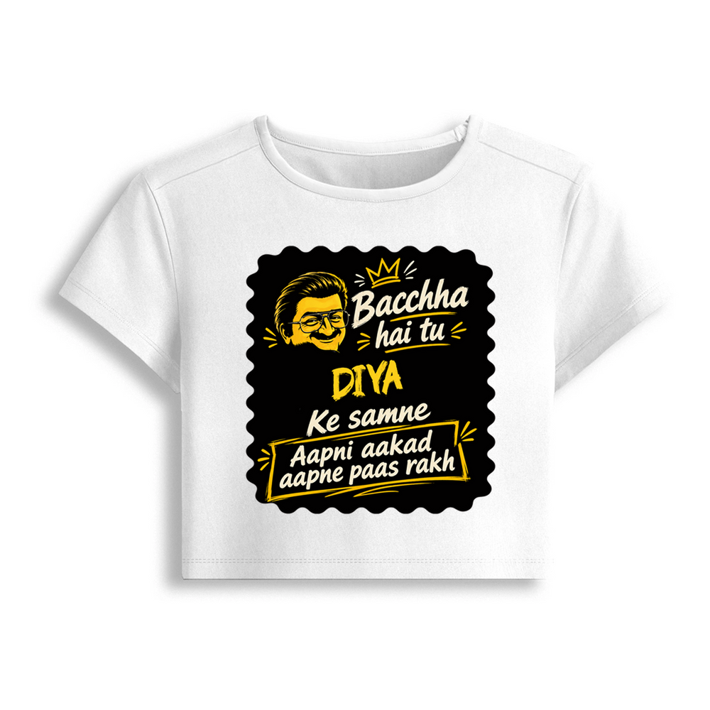 Female Baby Tee | Cropped Fit | Cotton Spandex Blend | Stretchy & Breathable | Women | Personalized | Bold Graphic | Pop Culture | Celebrity | Everyday | Assertive | Bacchha Hai Tu - front - White - mockup 1
