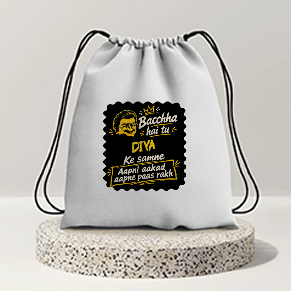 Drawstring Bag | 280 GSM | Durable Cotton | Secure Closure | Unisex | Personalized | Bold Graphic | Pop Culture | Celebrity | Everyday | Assertive | Bacchha Hai Tu - front - mockup 1