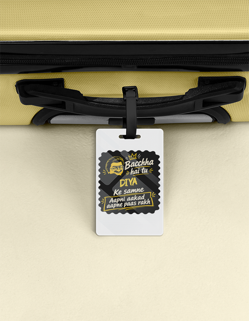 Luggage Tag | Travel Accessory | Acrylic | Durable, Double-Sided, Secure Strap | Unisex | Personalized | Bold Graphic | Pop Culture | Celebrity | Everyday | Assertive | Bacchha Hai Tu - front - White - mockup 1
