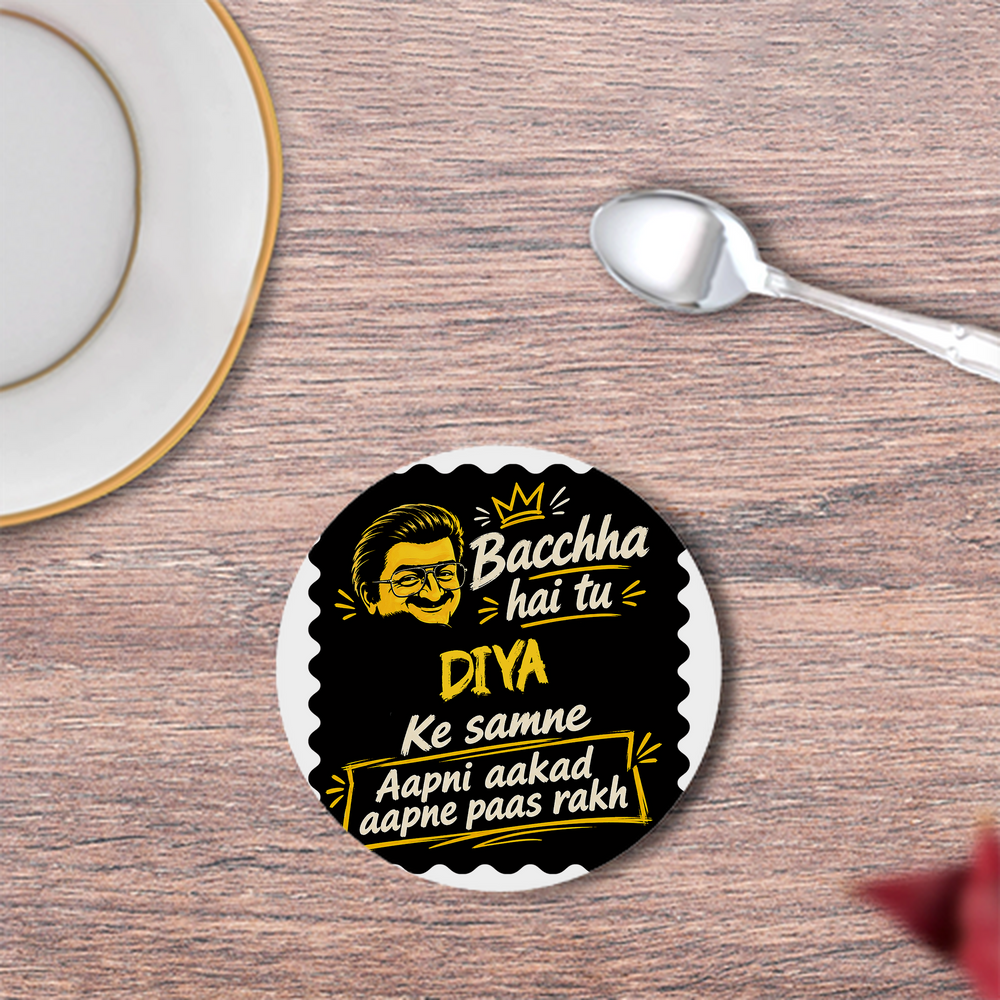 Coasters | 3mm MDF Board | Super Glossy Finish, Durable | Unisex | Personalized | Bold Graphic | Pop Culture | Celebrity | Everyday | Assertive | Bacchha Hai Tu - front - White - mockup 1