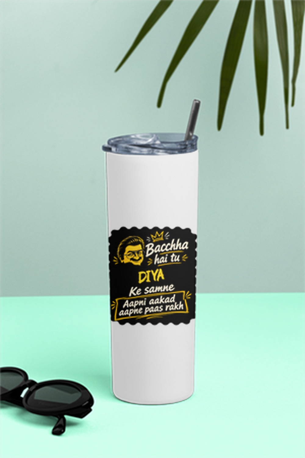 Tumbler Bottle | 20oz Capacity | Stainless Steel | Double-Wall Insulated, Splash-Proof Lid, Metal Straw | Everyday Use | Personalized | Bold Graphic | Pop Culture | Celebrity | Everyday | Assertive | Bacchha Hai Tu - front - White - mockup 1