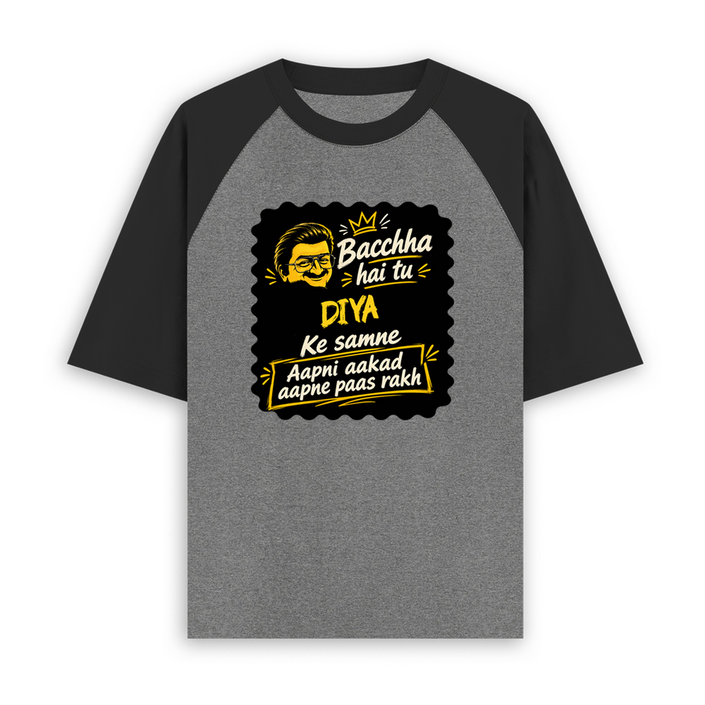 Unisex Oversized Raglan T-Shirt | Relaxed Fit | 180 GSM Bio-Washed Cotton | Two-Tone Design | Soft Comfort | Personalized | Bold Graphic | Pop Culture | Celebrity | Everyday | Assertive | Bacchha Hai Tu - front - mockup 1