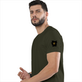 Male Classic Crew T-Shirt | Men's Regular Fit | 180 GSM Bio-Washed Cotton | Pre-Shrunk, Double-Stitched | Personalized | Typography | Travel | Everyday | Confident | Verified Travel Paglu - left sleeve - Olive Green - mockup 5
