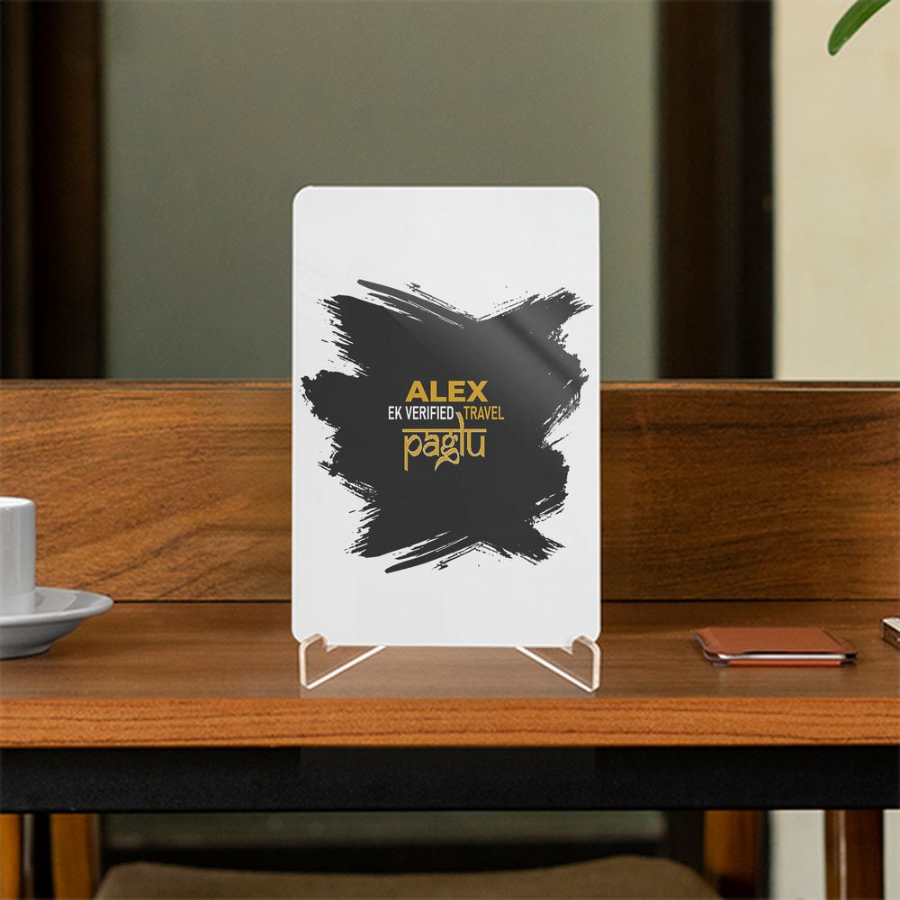 Acrylic Display Stand | 4x6 Inch | Clear Acrylic | Tabletop Display | Unisex | Personalized | Typography | Travel | Everyday | Confident | Verified Travel Paglu - front - White - mockup 1