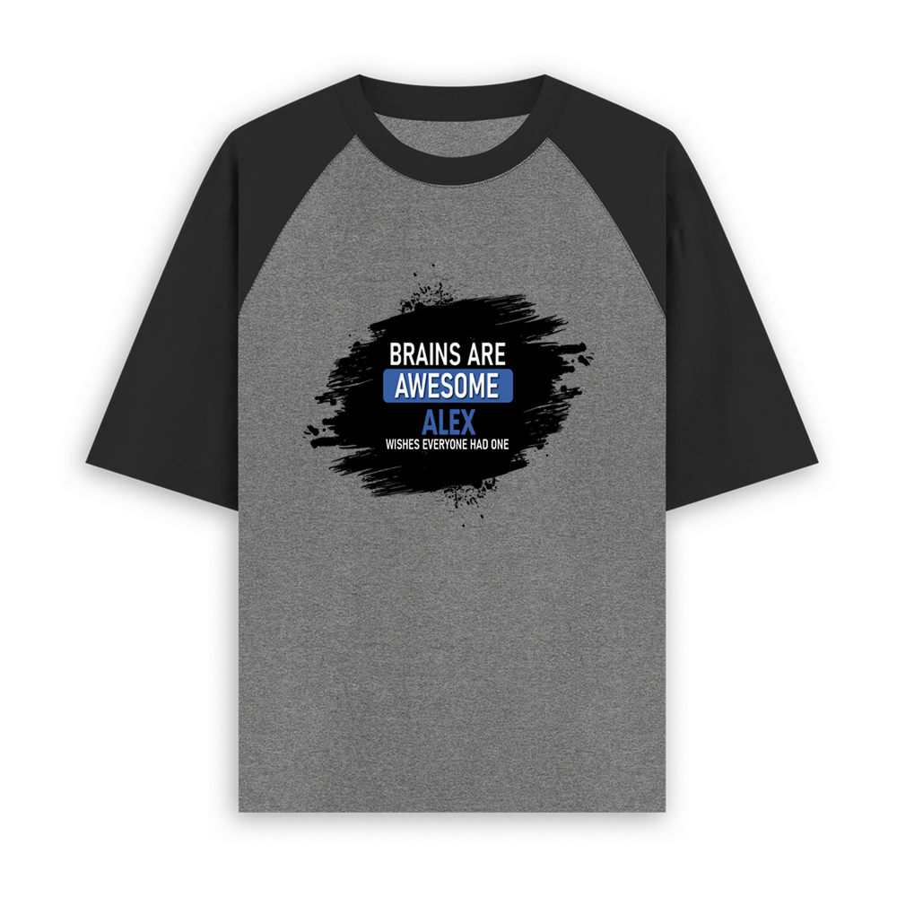 Unisex Oversized Raglan T-Shirt | Relaxed Fit | 180 GSM Bio-Washed Cotton | Two-Tone Design | Soft Comfort | Personalized | Typography | Intelligence | Humor | Everyday | Humorous | Brains Are Awesome - front - mockup 1