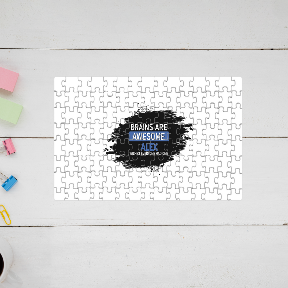 Jigsaw Puzzle | 120 Pieces A4 Size | Recycled Paper Semi-Glossy Finish | Fade-Proof Engaging Entertainment | Unisex | Personalized | Typography | Intelligence | Humor | Everyday | Humorous | Brains Are Awesome - front - mockup 1