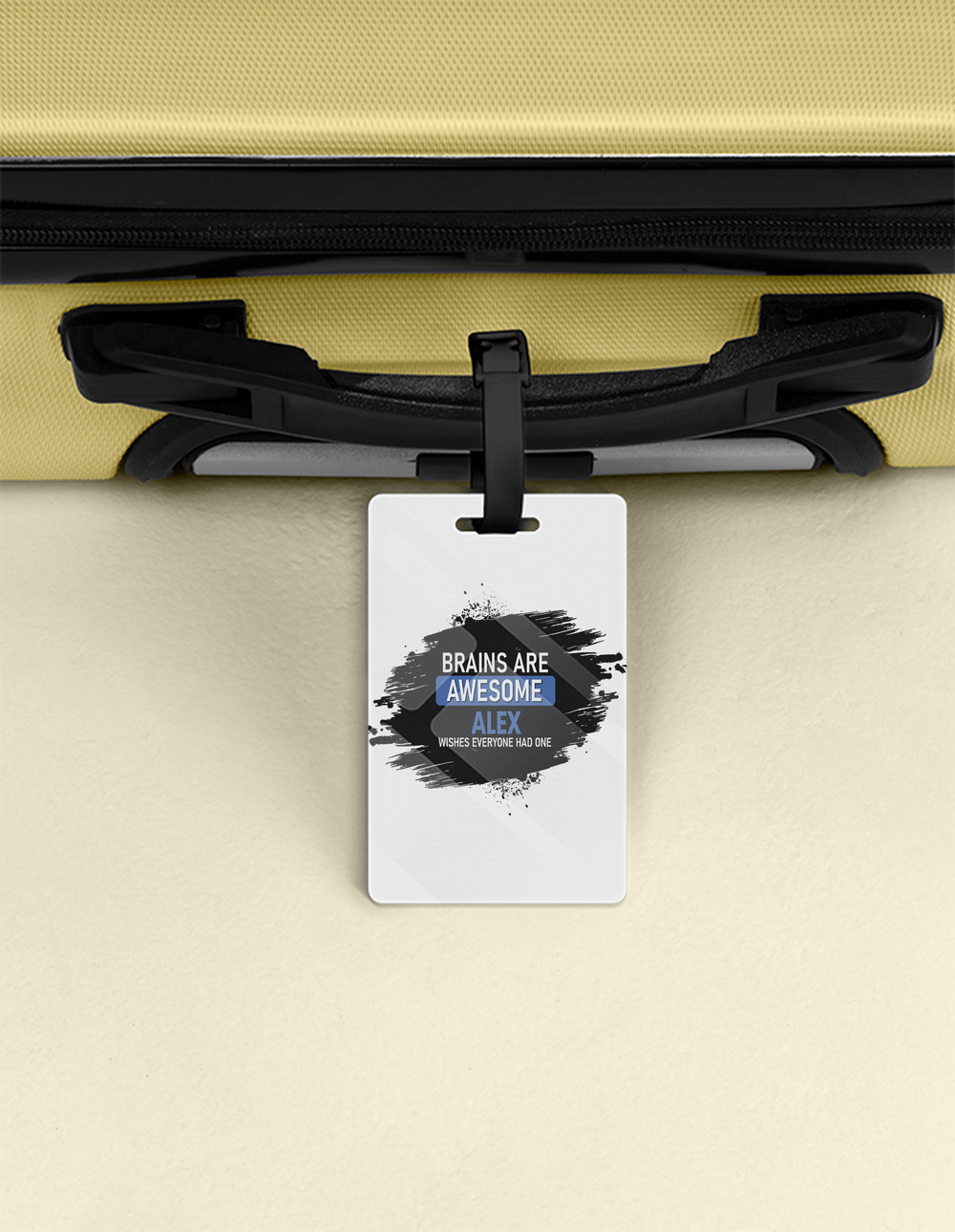 Luggage Tag | Travel Accessory | Acrylic | Durable, Double-Sided, Secure Strap | Unisex | Personalized | Typography | Intelligence | Humor | Everyday | Humorous | Brains Are Awesome - front - White - mockup 1