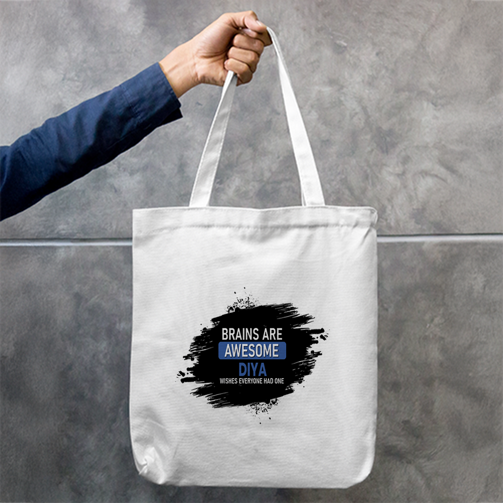 Tote Bag Zipper | Unisex | 100% Cotton Canvas | Zipper Closure, Long Handles | Everyday Use | Personalized | Typography | Intelligence | Humor | Everyday | Humorous | Brains Are Awesome - front - mockup 1