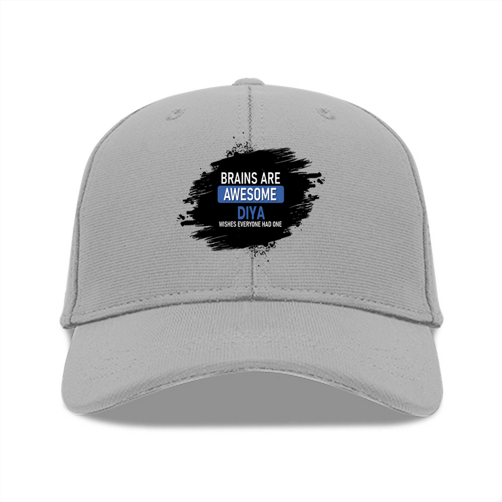 Baseball Ottoman Cap | Universal Fit | Ottoman Fabric | Adjustable Strap, Structured | Unisex Adult | Personalized | Typography | Intelligence | Humor | Everyday | Humorous | Brains Are Awesome - front - Grey - mockup 1
