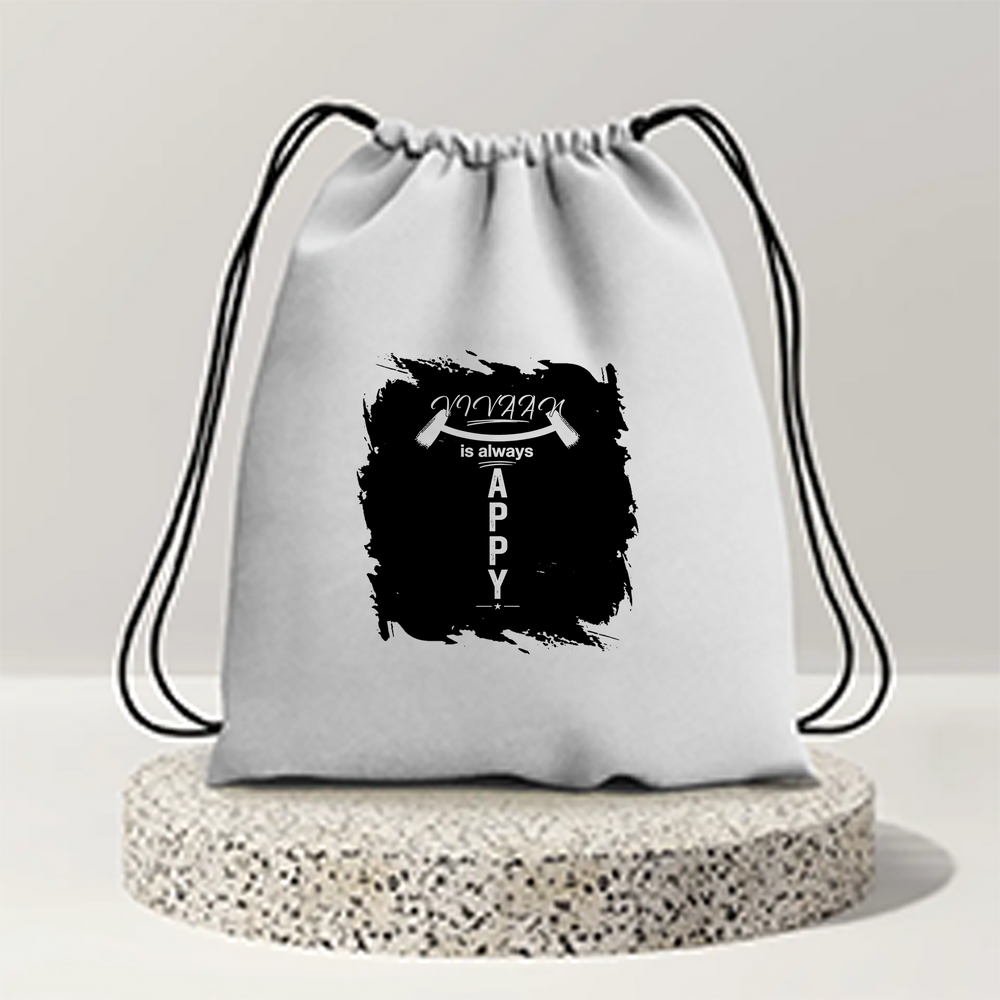 Drawstring Bag | 280 GSM | Durable Cotton | Secure Closure | Unisex | Personalized | Typography | Happiness | Positivity | Everyday | Positive | Always Happy - front - mockup 1