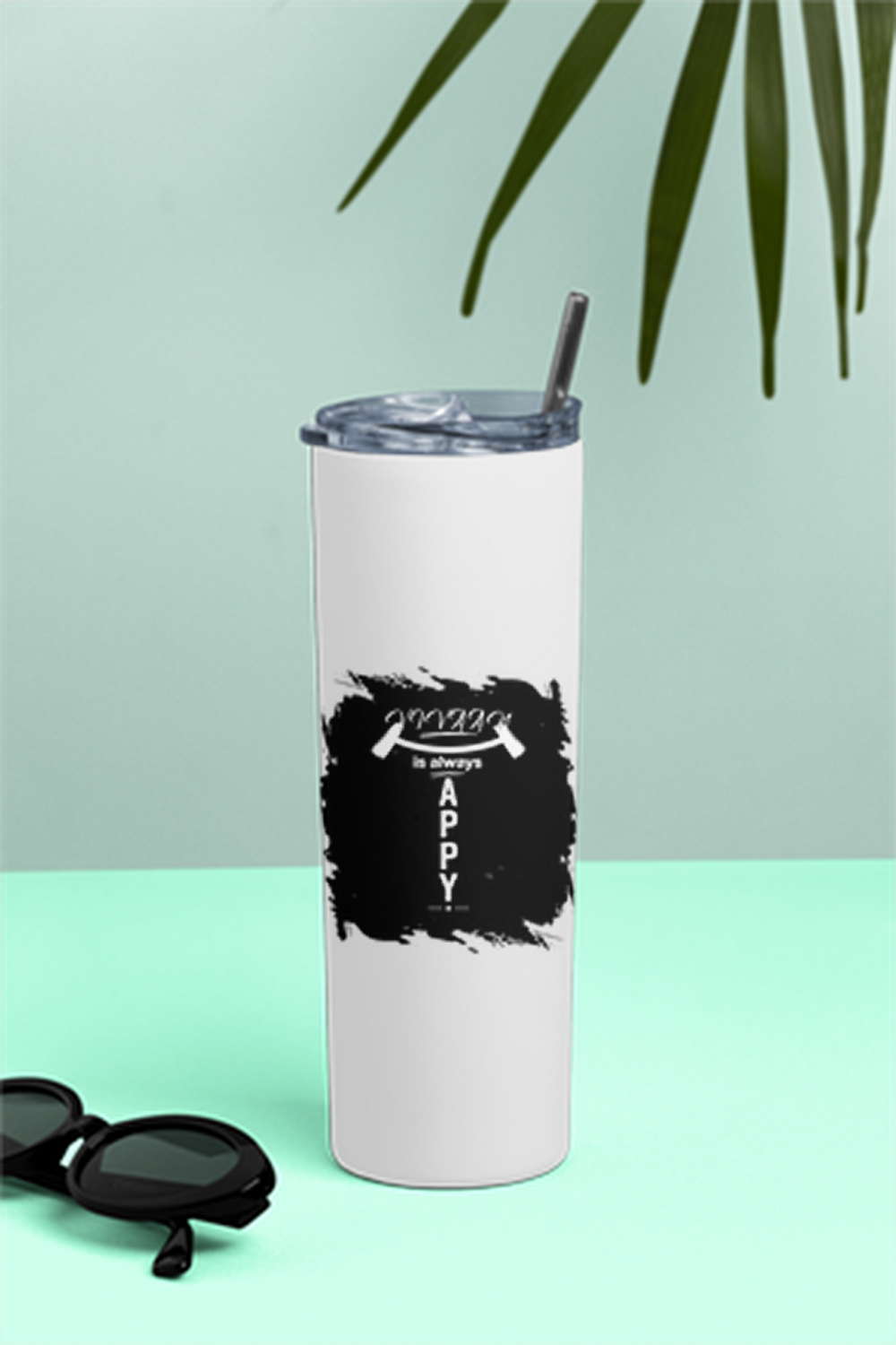 Tumbler Bottle | 20oz Capacity | Stainless Steel | Double-Wall Insulated, Splash-Proof Lid, Metal Straw | Everyday Use | Personalized | Typography | Happiness | Positivity | Everyday | Positive | Always Happy - front - White - mockup 1