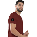Male Classic Crew T-Shirt | Men's Regular Fit | 180 GSM Bio-Washed Cotton | Pre-Shrunk, Double-Stitched | Personalized | Typography | Happiness | Positivity | Everyday | Positive | Always Happy - right sleeve - Brick Red - mockup 6