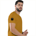 Male Classic Crew T-Shirt | Men's Regular Fit | 180 GSM Bio-Washed Cotton | Pre-Shrunk, Double-Stitched | Personalized | Typography | Happiness | Positivity | Everyday | Positive | Always Happy - right sleeve - Mustard Yellow - mockup 6