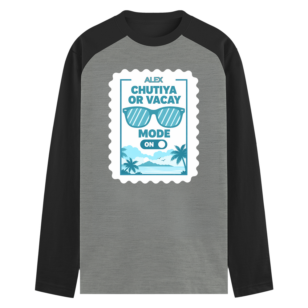 Male Raglan T-Shirt | Men's Regular Fit | 180 GSM Bio-Washed Fabric | Double Stitched, Ribbed Neck | Personalized | Typography | Vacation | Beach | Everyday | Humorous | Vacation Mode On - front - mockup 1