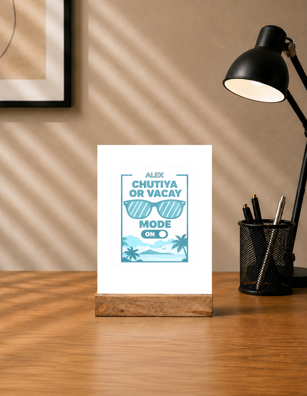 Acrylic Photo Frame with Stand | 5x7 Inch | Acrylic & Wood | UV Printed Tabletop Display | Universal | Personalized | Typography | Vacation | Beach | Everyday | Humorous | Vacation Mode On - front - mockup 1