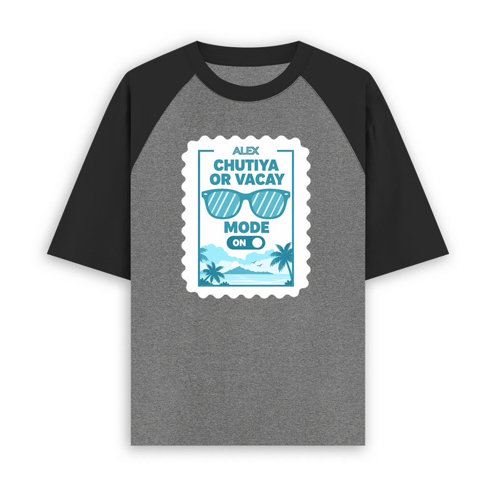 Unisex Oversized Raglan T-Shirt | Relaxed Fit | 180 GSM Bio-Washed Cotton | Two-Tone Design | Soft Comfort | Personalized | Typography | Vacation | Beach | Everyday | Humorous | Vacation Mode On - front - mockup 1