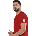 Basic T-Shirt | Unisex Fit XS-2XL | 180 GSM Poly-Cotton Blend | Soft Finish, Durable | Adults | Personalized | Typography | Vacation | Beach | Everyday | Humorous | Vacation Mode On - left sleeve - Red - mockup 5
