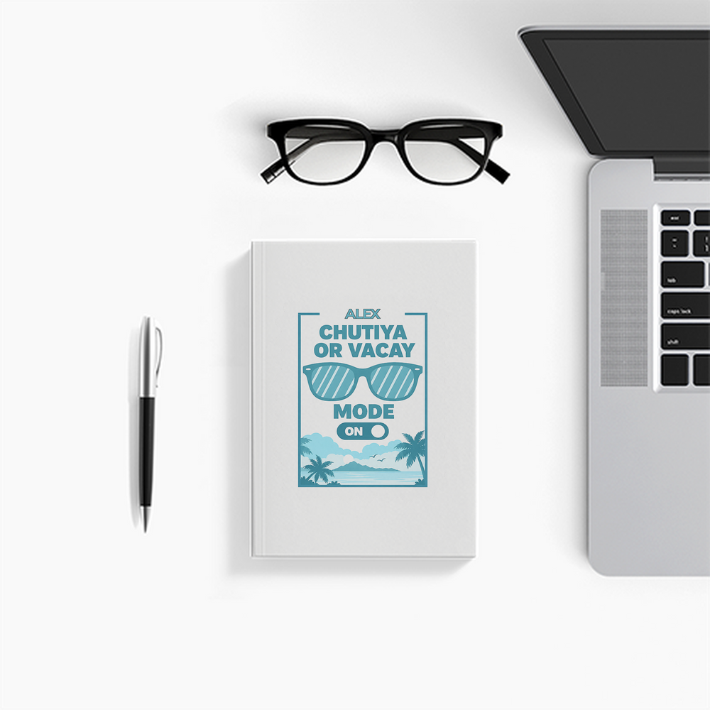 Notebook Journal | A5 Size | 300 GSM Cover, 70 GSM Eco-Friendly Pages | Soft Bound, Ruled/Unruled | Unisex | Personalized | Typography | Vacation | Beach | Everyday | Humorous | Vacation Mode On - front - White - mockup 1