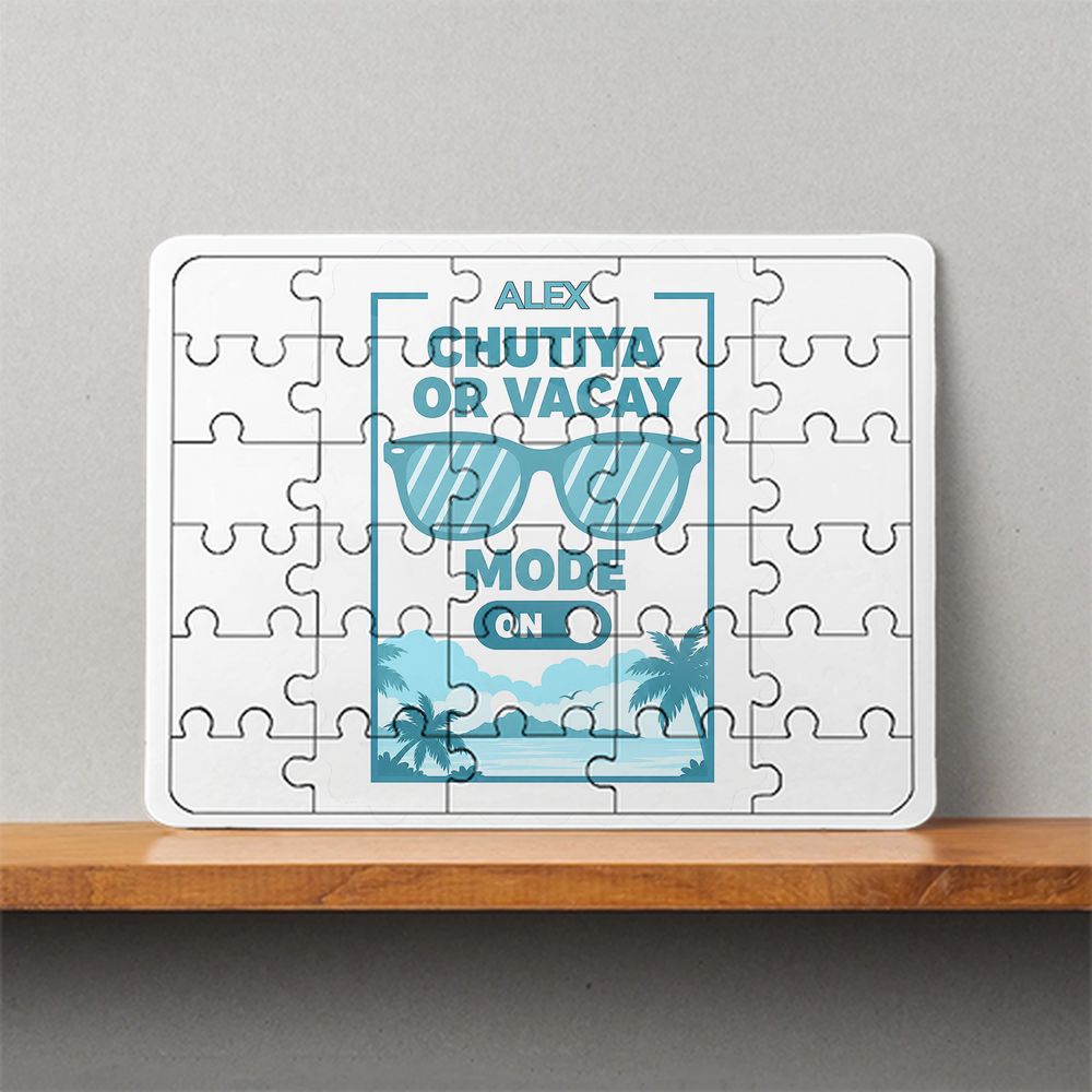 MDF Wooden Puzzle | 6x8 Inch 30 Pieces | Glossy Finish | Durable, Waterproof | Kids & Adults | Personalized | Typography | Vacation | Beach | Everyday | Humorous | Vacation Mode On - front - White - mockup 1