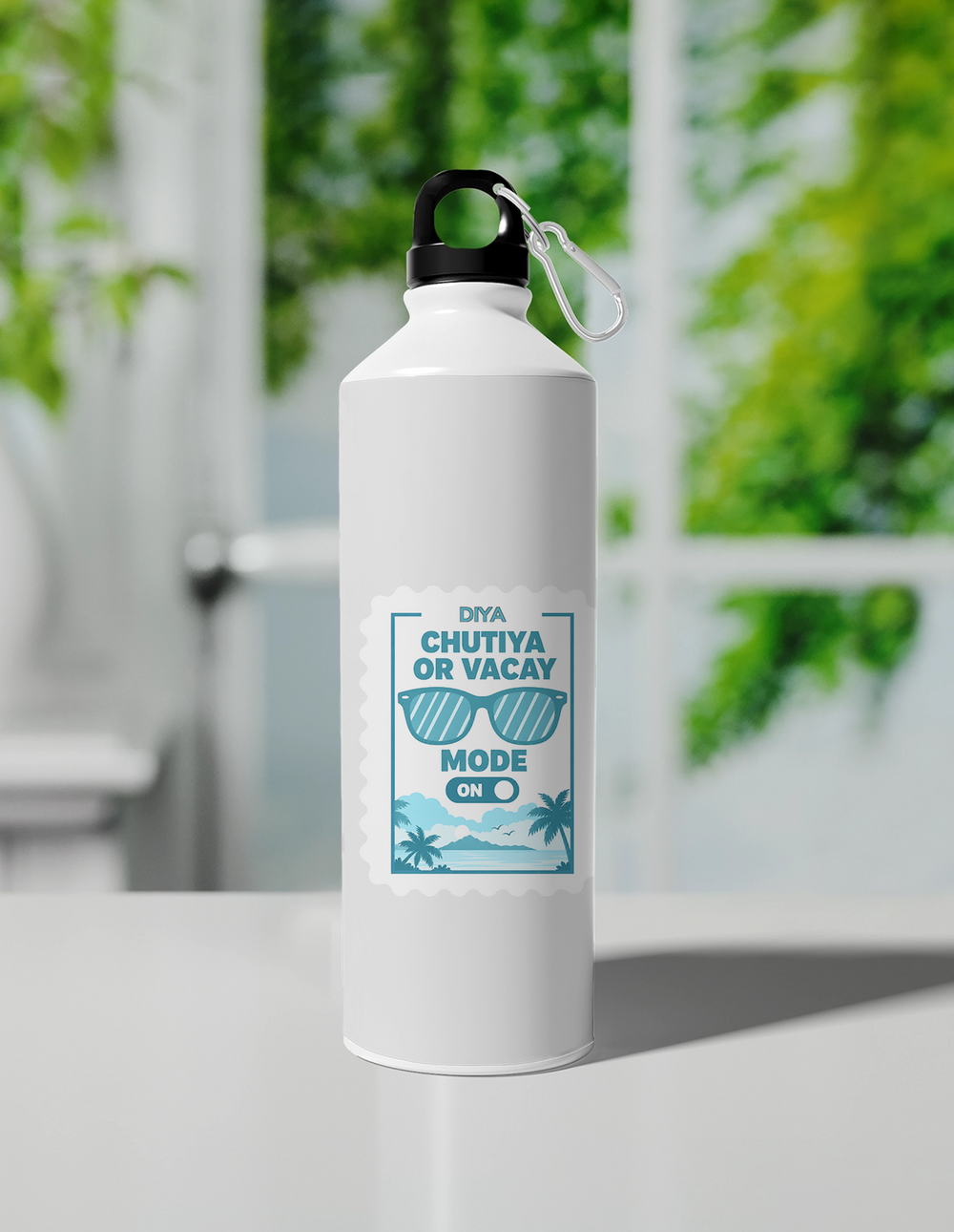 Sipper Bottle | 750 ml Unisex | Aluminum | Clip Cap | Fade-Proof | Personalized | Typography | Vacation | Beach | Everyday | Humorous | Vacation Mode On - front - White - mockup 1