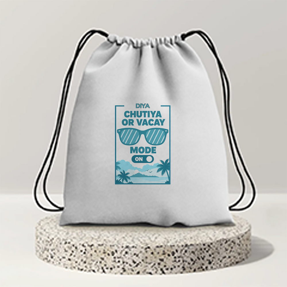 Drawstring Bag | 280 GSM | Durable Cotton | Secure Closure | Unisex | Personalized | Typography | Vacation | Beach | Everyday | Humorous | Vacation Mode On - front - mockup 1