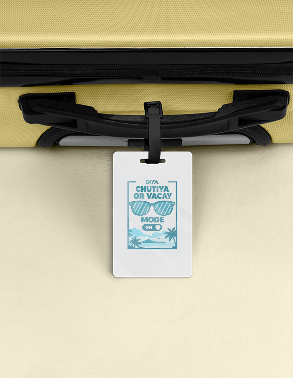 Luggage Tag | Travel Accessory | Acrylic | Durable, Double-Sided, Secure Strap | Unisex | Personalized | Typography | Vacation | Beach | Everyday | Humorous | Vacation Mode On - front - White - mockup 1